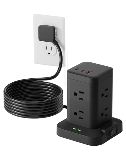 Power Strip Tower with Surge Protector 1800J, Fast Charging Tower PD20W USB-C Ports with 8 AC Outlets, 6ft Extension Cord for Home Office Dorm Room, Black