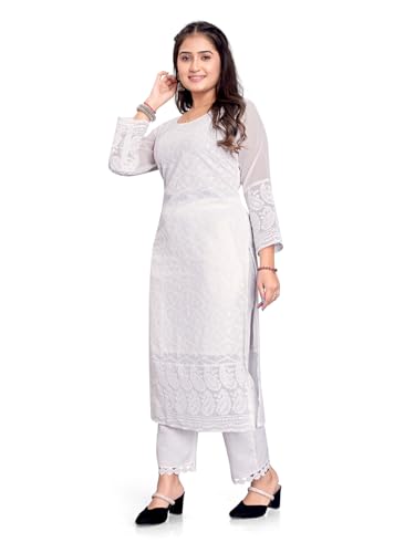Image of IMPEX Hand Embroidered Chikankari Georgette Kurta for Women | Kurti | 3 /4th Sleeves | Round Neck | Ethnic Kurta | Ideal for Casual Wear, Festive, Wedding & Parties