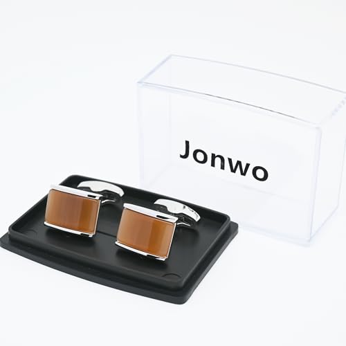 Gemelos rectangulares con piedra Ojo de Gato marrón miniatura 4