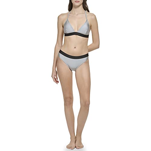 Calvin Klein Women's Low Waisted Elastic Logo Triangle Bikini Set, Platinum Shimmer, X-Small