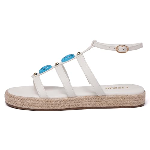 Image of Women's Bohemian Espadrille Platform Sandals,Open Toe Wedge Sandals with Turquoise Decor, Adjustable Ankle Buckle, Summer Beach Shoes