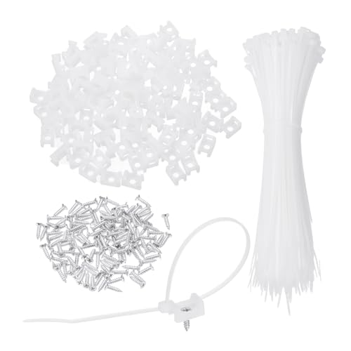 Image of sourcing map 240pcs 14.65mm Cable Tie Saddle Type Mounts Base with 200mm Cable Zip Ties and M3 Tapping Screws, Wire Organizer Holder Clamps Set, White
