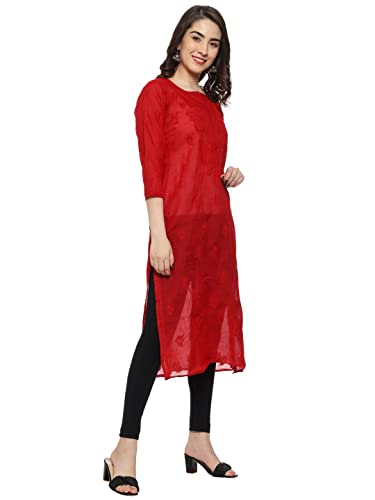 Image of Ada Hand Embroidered Lucknowi Chikankari Cotton Kurta for Women A133488 | Handcrafted lucknow chikan embroidery latest womens ethnic wear kurti tunic for office work wear
