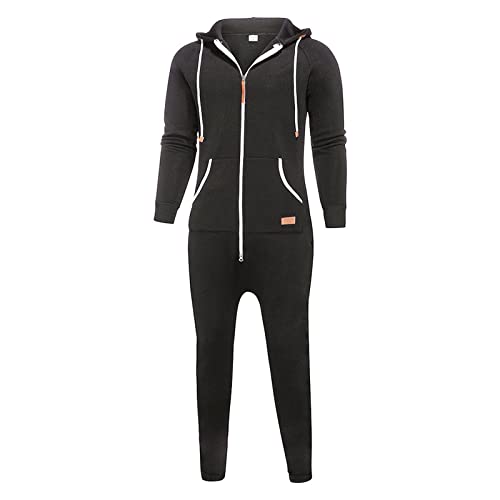 WUAI Onesie Men's Hooded Jumpsuit Zip Up One Piece Pajamas Playsuit Jogger Sweatsuit Overall Romper Dark Gray3