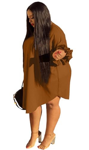 Image of Ekaliy Women's Casual Vintage Ruffle Sleeve Loose Party Midi Plus Size Dress Casual Summer