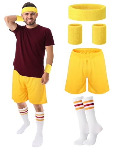 Mepase 5 Pcs Halloween Mens Sport Costume Adult Yellow Shorts White with Various Colored Stripes Knee High Socks and 2 Wristbands and 1 Headband for Character Costume Party
