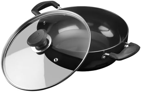 Vinod Black Pearl Hard Anodised Deep Kadai – 7L, 30cm Wok with Glass Lid | 3.25mm Thick Sturdy | Metal Spoon Safe | Riveted Handles | Gas Stove Compatible | Ideal for Curry Cooking & Stir Frying