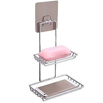 Beautiful Wall Mounted Double Layer soap Dish Holder Stainless Steel Wall Hanging Soap Storage Rack for Kitchen Bathroom (Silver)