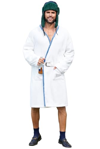 Man Christmas Cousin It Costume Uncle Eddie Cosplay with Hat Belt & Pockets V Neck White Robe XL