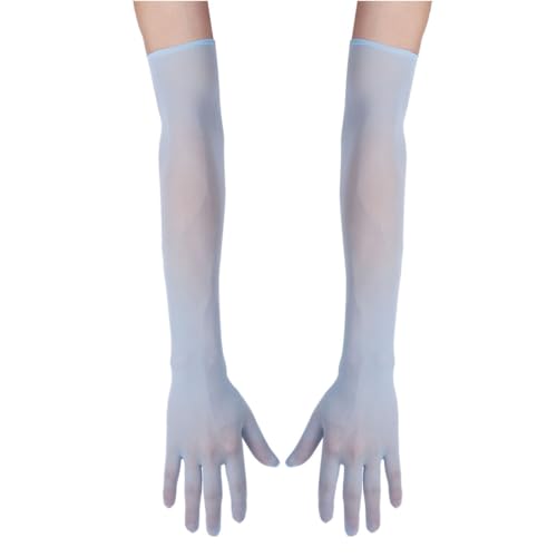 FEESHOW Damen/Herren Nahtlose Handschuhe Stulpenärmel Elastisch Strumpfhosen Nylon Durchsichtig Ellenbogen Lang für Hochzeit Abend Blau...