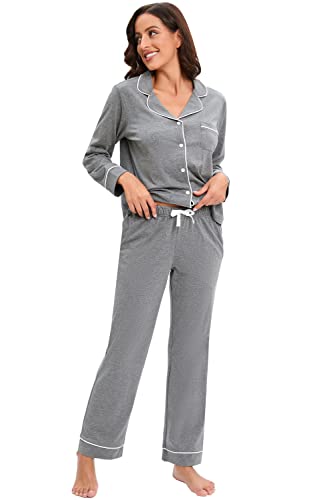 Image of LUBOT 100% Cotton Pajamas for Women PJ Set Soft Long Sleeve Button-Down Shirt 2 PC Set Warm Sleepwear Loungewear Night Suit (Dark Gray, XL)