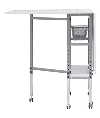 Offex Rolling Folding Height Adjustable Quilting Fabric Cutting Table With Sewing Board Grid And Guides Top, Storage In Silver/White Top #TOP3