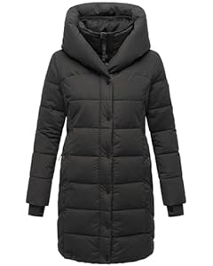 Navahoo Damen Wintermantel warmer Steppmantel lang mit Kapuze und abnehmbarem Fleece-Kragen Knutschilein Black Gr. M