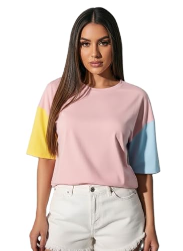 TQH Color Block Crop Top, Oversized Short Sleeve Casual T-Shirt, Pink Mint Yellow Multi-Color