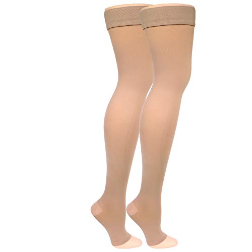 Image of NuVein Medical Compression Stockings, 20-30 mmHg Support, Soft Comfort Microfiber, Thigh Length, Open Toe, Beige, Medium