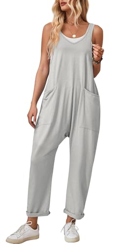 KEOYA Summer Overalls with Pockets Casual Sleeveless Jumpsuits for Women Loose Romper Light Grey X-Large