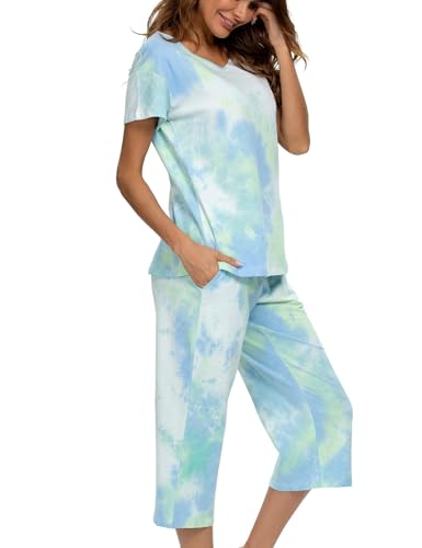 Image of ENJOYNIGHT Women Tie Dye Pajama Set Short Sleeve Top with Capri Pants Pjs