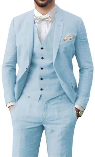 Men's 3 Pieces Linen Suit Casual Slim Fit Suits Retro Wedding Prom Tuxedos Summer Beach Party Blazer Vest Pants Set2