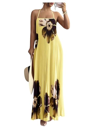 BEAUDRM Women's Wedding Guest Dress Y2k Floral Print Halter Flowy Formal Dresses Summer Beach Vacation Outfit Light Yellow Small