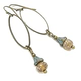 Handmade Long Oval Hoop Flower Dangle Earrings in Antiqued Brass