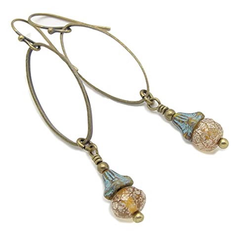 Handmade Long Oval Hoop Flower Dangle Earrings in Antiqued Brass