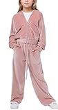 FEOYA Girl's Athletic Fuzzy Tracksuits Zip Up Trendy Sweatshirt Wide Leg Pants Jacket Sweatsuit Cute Velvet Outfits Two Piece Solid Sportswear Pink 6-7 Years