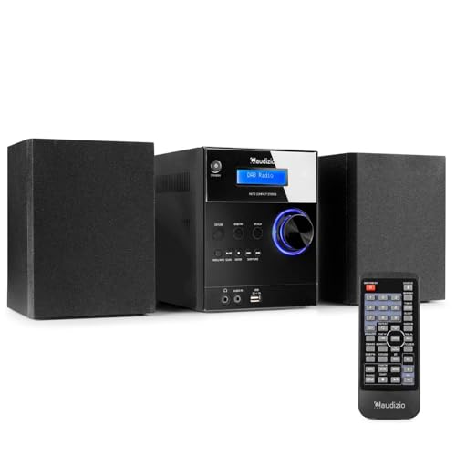 Audizio Metz HiFi Stereo System with DAB+ Digital Radio, Bluetooth Stereo System, CD Player, USB MP3 Playback, LCD Clock Display, Remote Control and Bookshelf Speakers - Black