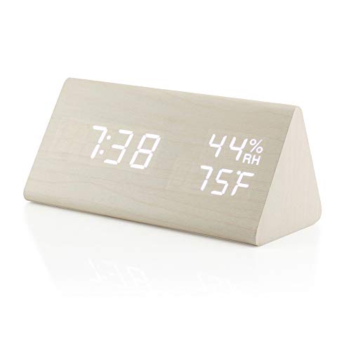 Oct17 Wooden Alarm Clock, Smart Led Digital Clock For Bedroom/Desks, Upgraded With Time Temperature, Adjustable Brightness And Voice Control, Humidity Displaying - White #TOP3