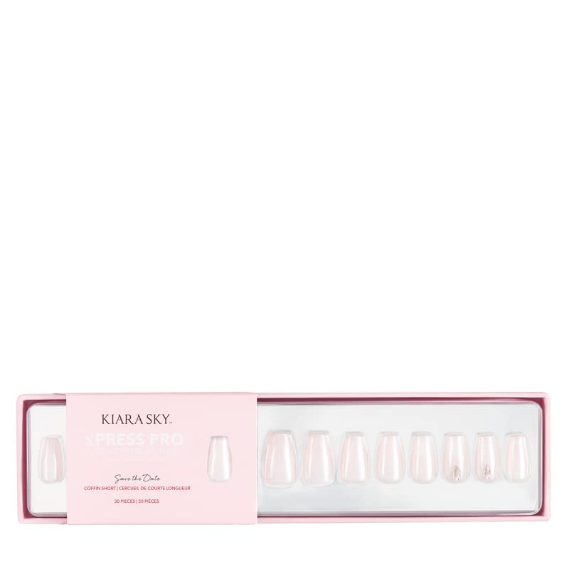 Kiara SkyPress On Nails | XPRESS PRO 100% Acrylic Nails | 30-Piece Kit Includes Nail Glue, Cuticle Pusher, File & Prep Pad | Coffin Short - Save The Date