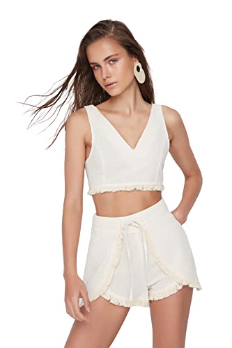 TRENDYOL Damen-Set, einfarbig, gewebt, zweiteilig, beige, UK 12