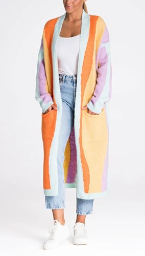 Image of chouyatou Women's Fall Open Front Color Block Long Cardigan Sweater Coat Casual Vertical Striped Coatigan