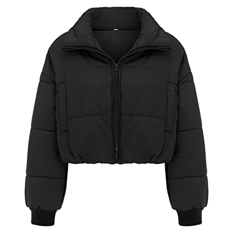 ANFUTON Women's Winter Coats Cropped Puffer Jacket Long Sleeve Full Zip Stand Collar Short Puffer Jacket Cropped Down Coat (Black , S ) Cover