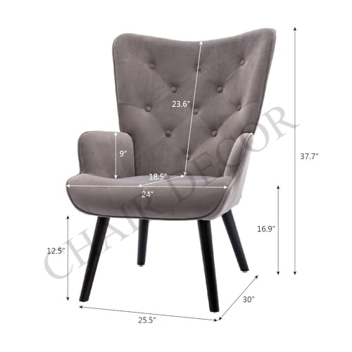 Image of Velvet Wingback Accent Chair for Living Room | Luxury High Back Tufted Armchair with Glossy Metal Legs | Modern Velvet Upholstered Lounge Chair for Home & Office | 1 Pc (Grey)