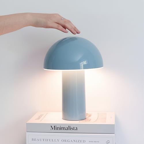 Brightech Celia Small Lamp 10 Touch-Controlled Mushroom Table Lamp Cordless & Dimmable LED Portable & Rechargeable Bedside Night Light Sustainable Recycled Modern Lamp for Home Dcor Light Blue