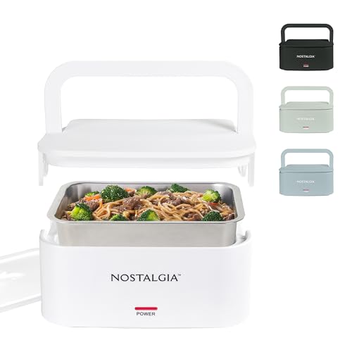 Nostalgia Lonchera portátil con calefacción, calentador de alimentos de acero inoxidable para 4 tazas, cable desmontable, tapa a prueba de fugas, asa de transporte, portátil para el trabajo y viajes