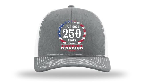 Trenz Shirt Company Men's Patriotic 1776-2026 250 Years USA Flag Filled Wreath Embroidered Mesh Back Trucker Hat-Heather Grey/White