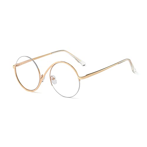 kachawoo Demi lunettes sans monture zéro diopter cadre de lunettes 8 S forme métal prescription ronde anti lumière bleue Ray lunettes, Doré avec transparent, Large Cover