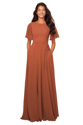 Image of petyoo Chiffon Flutter Sleeve Bridesmaid Dresses with Pockets Sash Long A Line Formal Dress