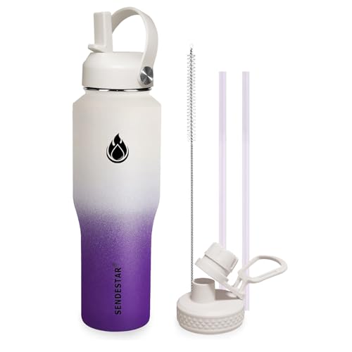 Image of SENDESTAR 32oz Water Bottle Wide Mouth Stainless Steel Vacuum Insulated Double Wall with 2 Straw Lids Fit in Any Car Cup Holder TXIN-32-WV-1