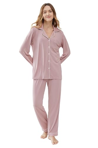 Image of Joyaria Women's Cooling Bamboo Viscose Pajama Set Long Sleeve Button Front | Hot Sleeper Comfort . Cooling Relief . Lightweight Feel for Sleeping & Lounging