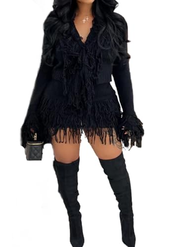Gugujing Women's Fringe Knit Cardigan And Mini Skirt Set, Long
