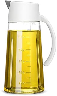 Oil Dispenser 650 ml Auto Flip Olive Oil Glass Bottle Glass Oil Pots with Non-Slip Handle Non-Drip Spout for Kitchen Cooking and BBQ(White)