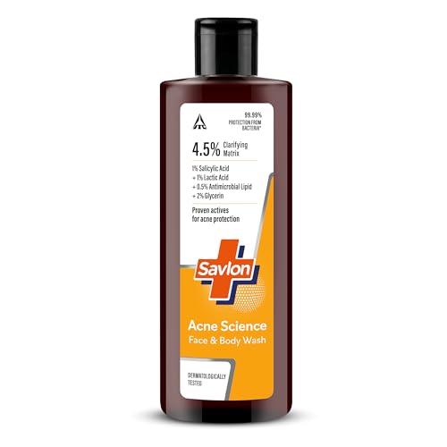 Image of Savlon Acne Science Face & Body Wash 250ml | Fights Acne Causing Bacteria | 1% Salicylic Acid, 1% Lactic Acid, 0.5% Antimicrobial Lipid | Visibly Reduces Body Acne in 7 Days | Dermatologically Tested