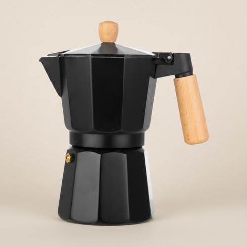Image of Black Stovetop Moka Pot Espresso Maker with Wooden Handle & Knob Traditional Italian Aluminium Coffee Percolator with Safety Valve, Octagonal Design, Compatible with Gas & Induction Stoves