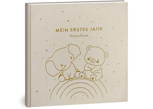 Mein erstes Jahr Babyalbum - Hochwertiges Leinenbuch mit Goldprägung für die schönsten Erinnerungen - Babybuch zum Eintragen für das erste Lebensjahr - Baby Geschenk zur Geburt (Regenbogen Natur)