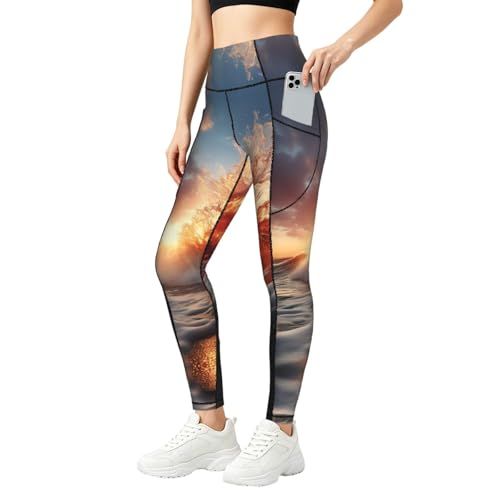Leggings de olas y atardecer para mujer mallas elásticas de entrenamiento