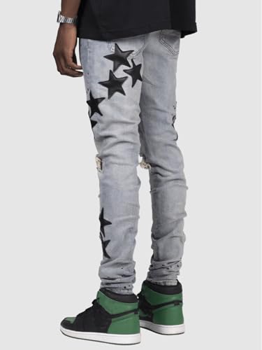 Ripped Stacked Jeans for Men Mid Rise Star Skinny Denim Pants Straight Leg Hip Hop Trouser Streetwear3