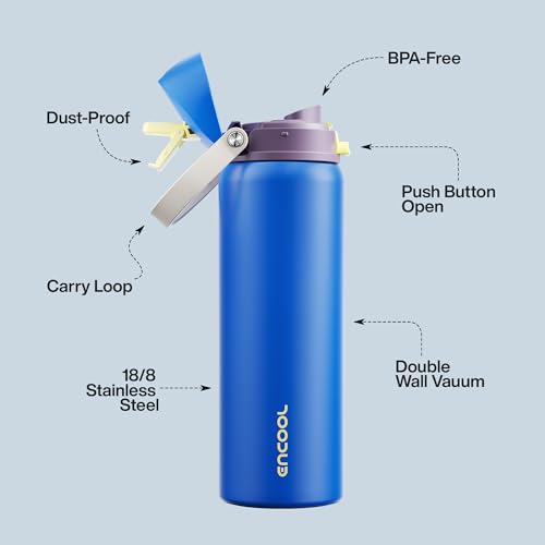 Image of Insulated Water Bottle with Straw - Encool Stainless Steel Water Bottle with Push Button Lid, Leak-Proof & BPA-Free, Keeps Cold for 24 Hours for Sports, Travel, Gym (32 oz, Sapphire)