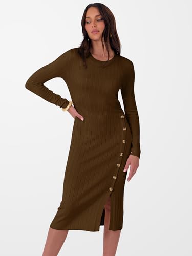 ANRABESS Womens 2025 Fall Long Sleeve Midi Dress Ribbed Knit Bodycon Fitted Button Down Wedding Guest Slit Sweater Dresses