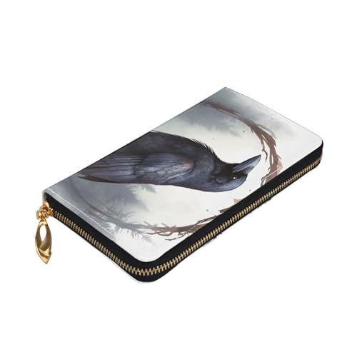 Black Crow Women Wallets Leather Zip Around Clutch Purses Waterproof Credit Card Holder With Phone Holder Ladies Travel Coin Purse3
